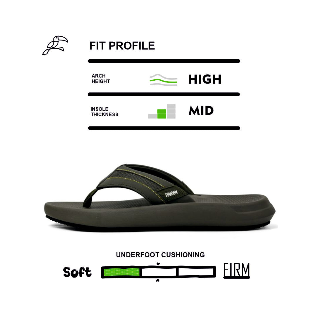Toucantoes flip-flop with high arch, mid insole thickness, and soft cushioning profile