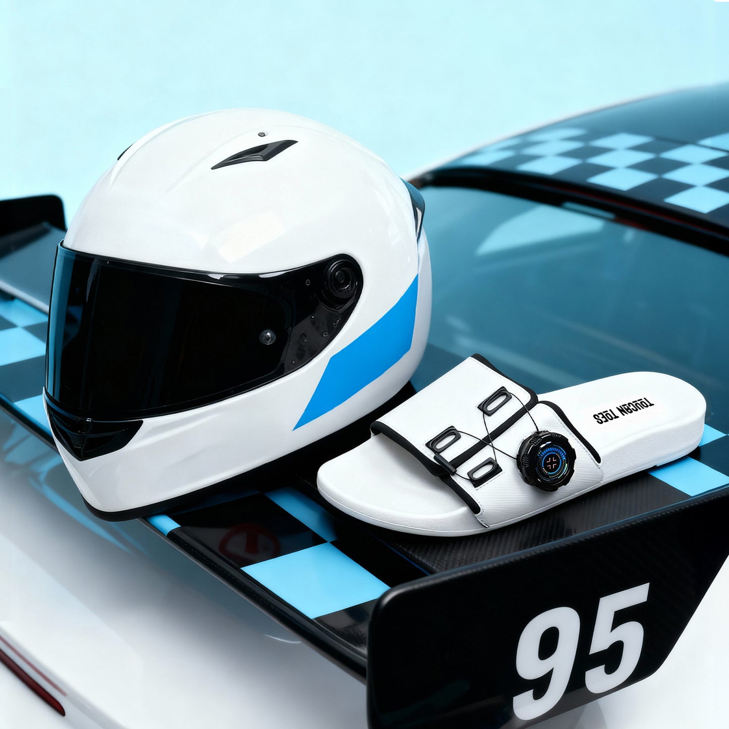 Toucantoes stylish white sandal and racing helmet on race car spoiler with checkered design