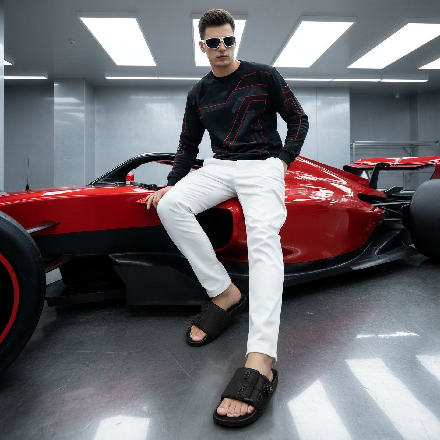 Man wearing stylish Toucan Toes slides with white pants, seated on red sports car indoors