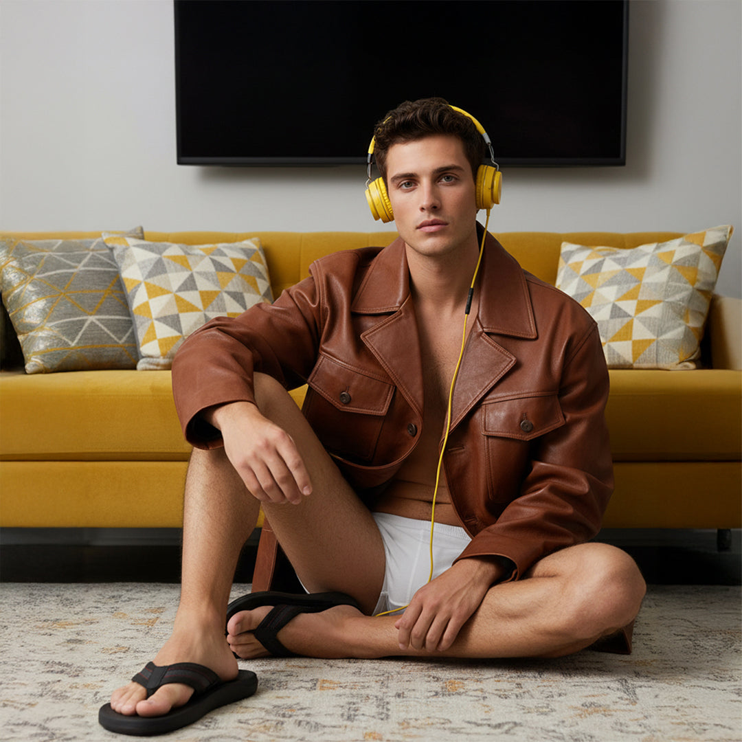 Man in black flip-flops sitting on carpet, wearing brown jacket, yellow headphones, stylish home setting
