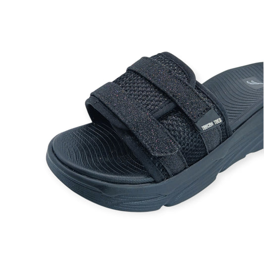 Black Toucan Toes slide sandal with textured sole and adjustable glittery fabric straps