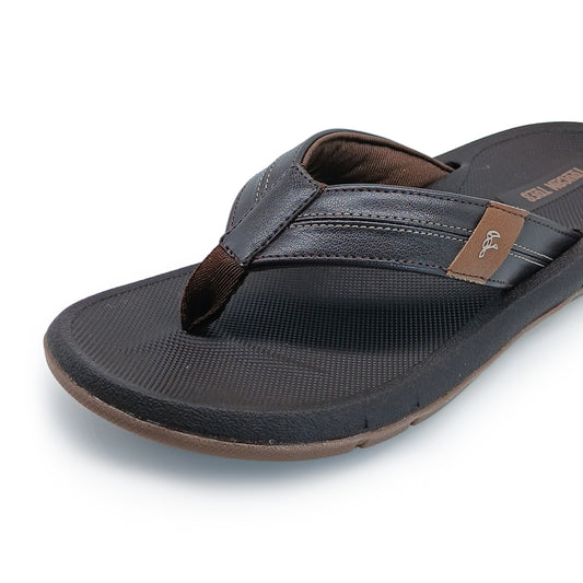 Close-up of black and brown men's casual flip-flop sandal with textured sole and stitched straps