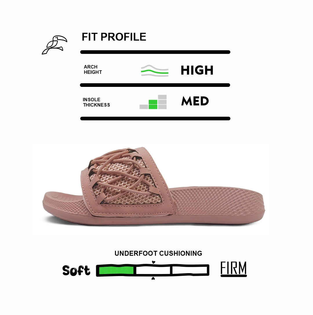 Pink braided slide sandal with mesh upper, high arch, medium insole, soft underfoot cushioning by Toucan Toes.