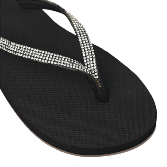 Black Toucan Toes flip-flop with sparkling rhinestone straps, stylish and trendy footwear.