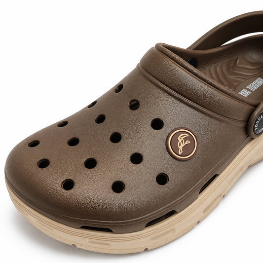 Close-up of the Toucantoes Frank brown clog upper with ventilation holes