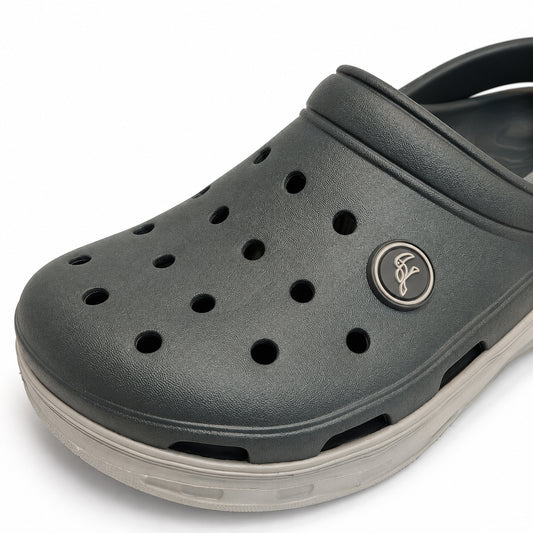 Close-up of the Toucantoes Frank grey clog upper with ventilation holes