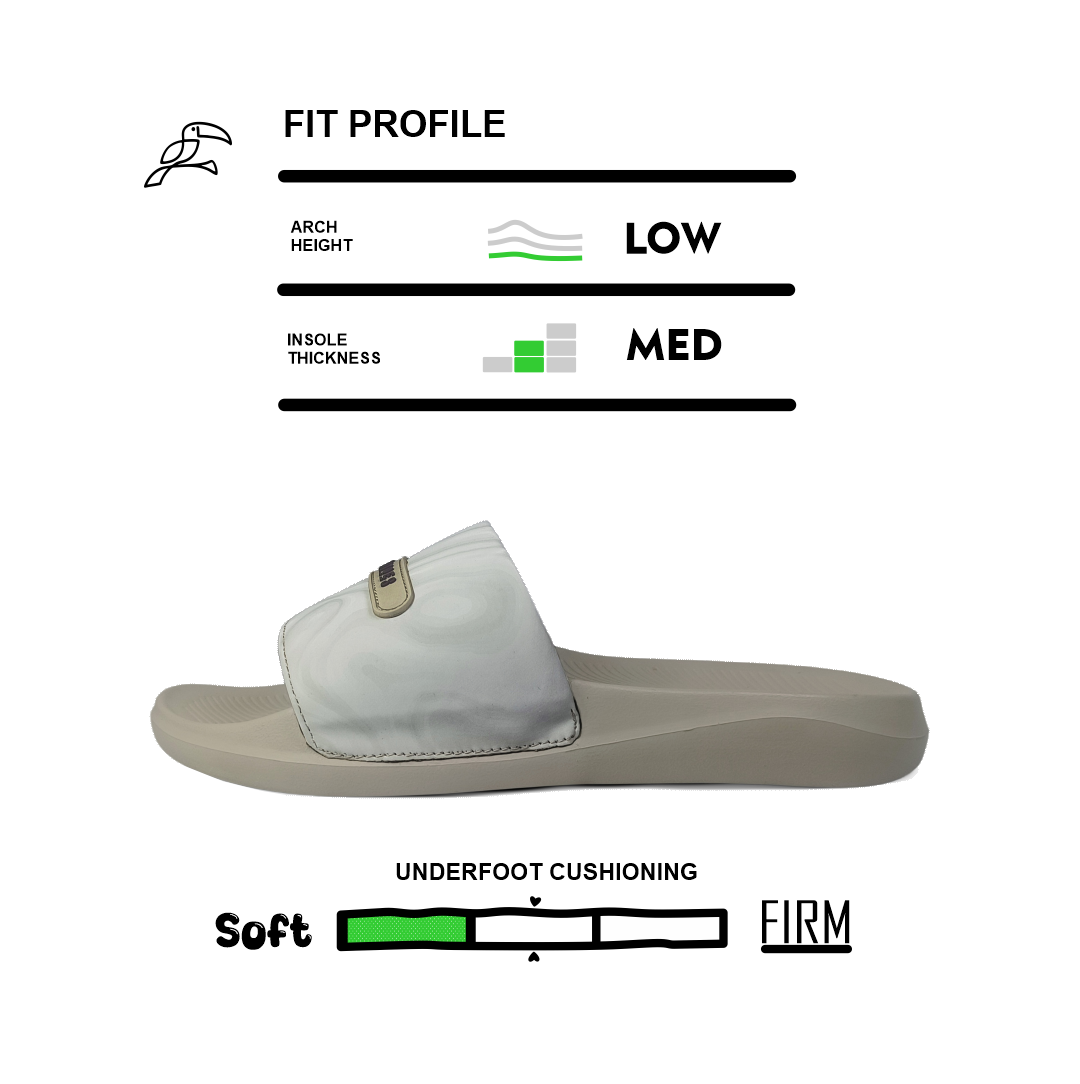 Beige Toucan Toes slide sandal with low arch, medium insole, soft underfoot cushioning