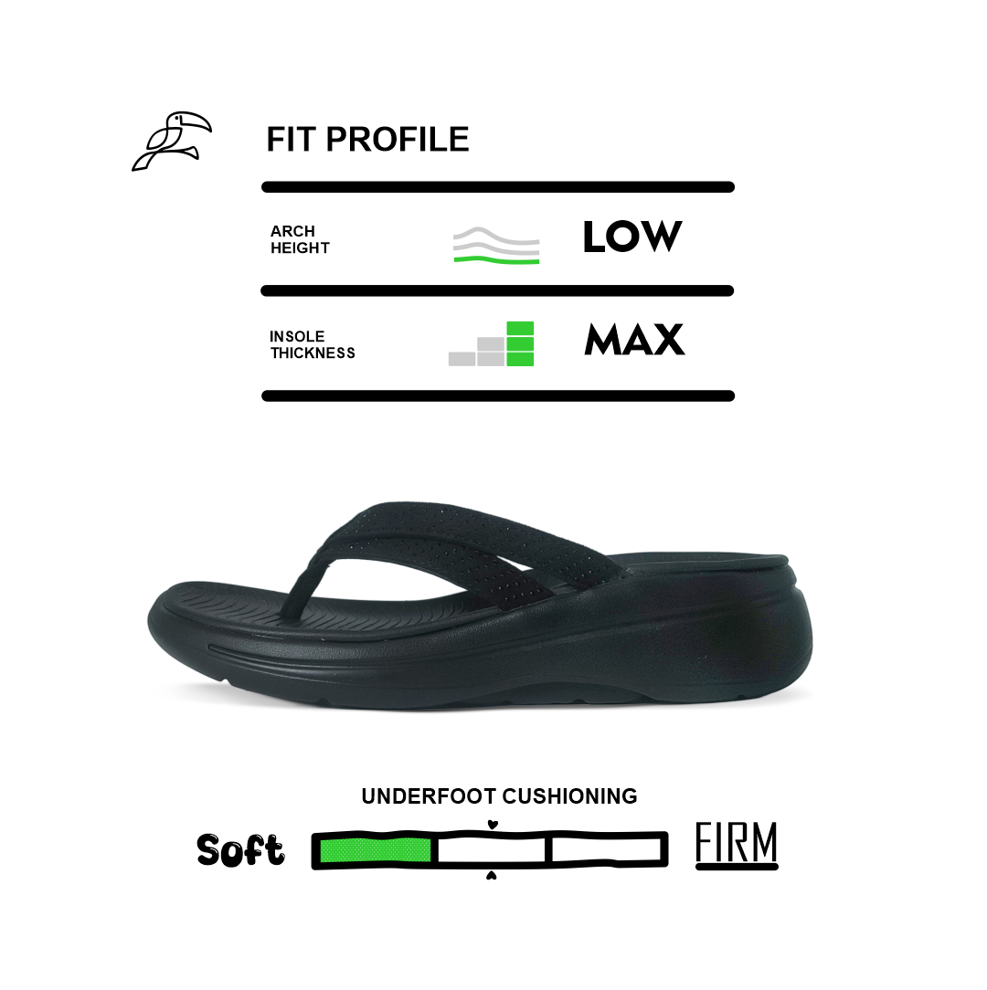 Toucantoes black flip-flop with low arch, max insole thickness, and soft underfoot cushioning.