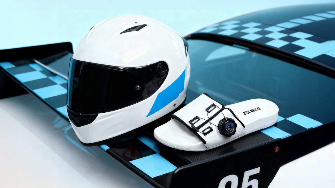 White racing helmet and Toucantoes white slide sandal on a car spoiler with blue checkered design