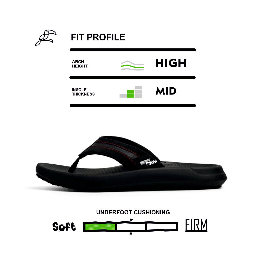 Black Toucan sandal with high arch support, mid insole thickness, and soft underfoot cushioning