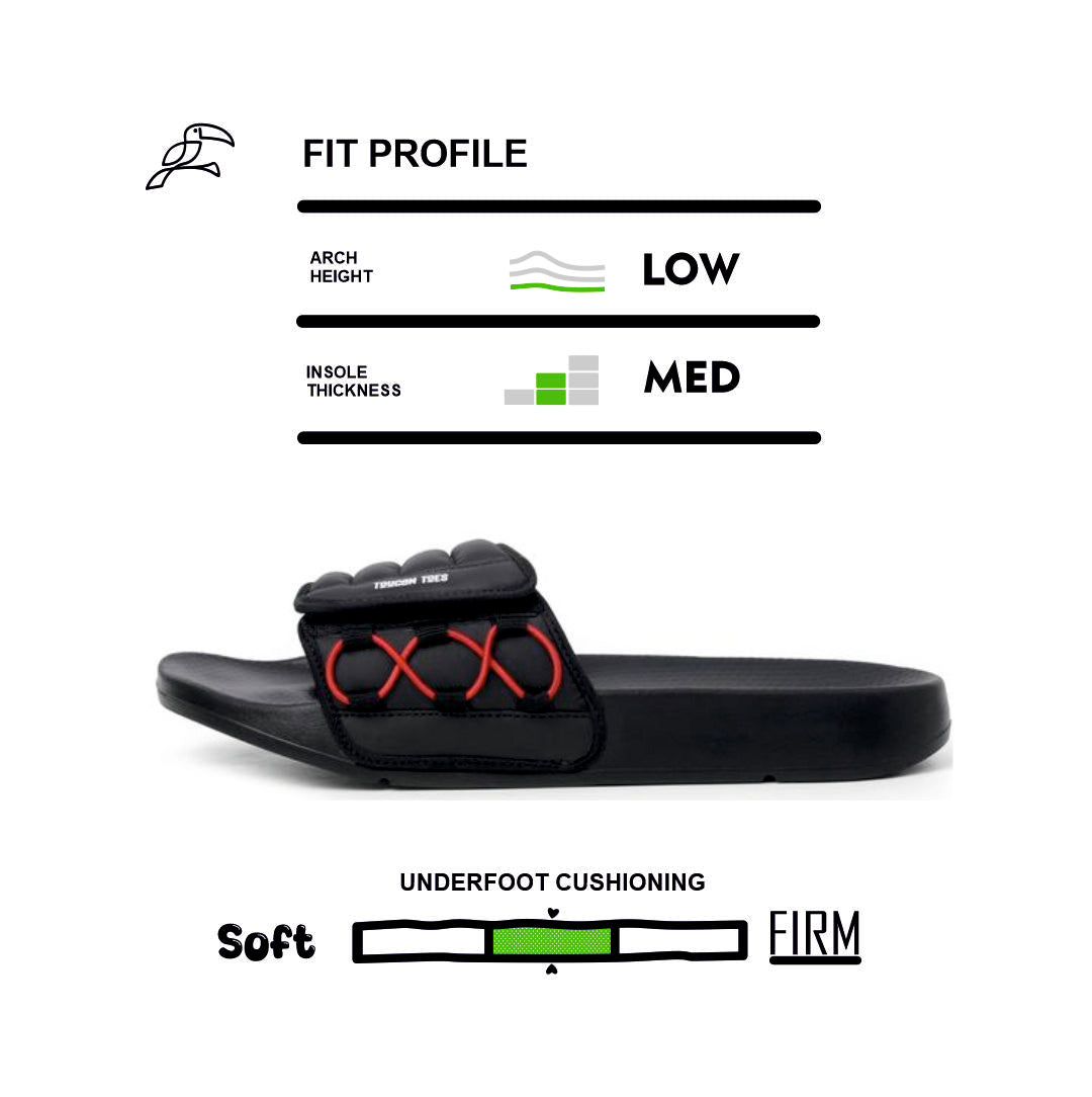 Toucantoes black slide sandal with red accents, medium insole thickness, low arch, cushioned footbed