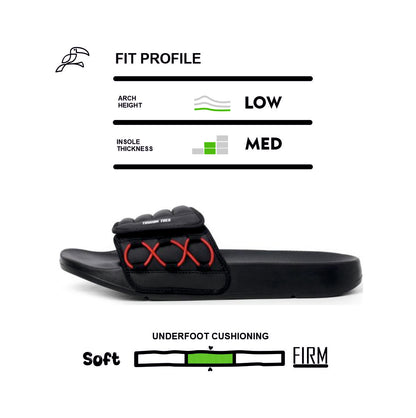 Toucantoes black slide sandal with red accents, medium insole thickness, low arch, cushioned footbed