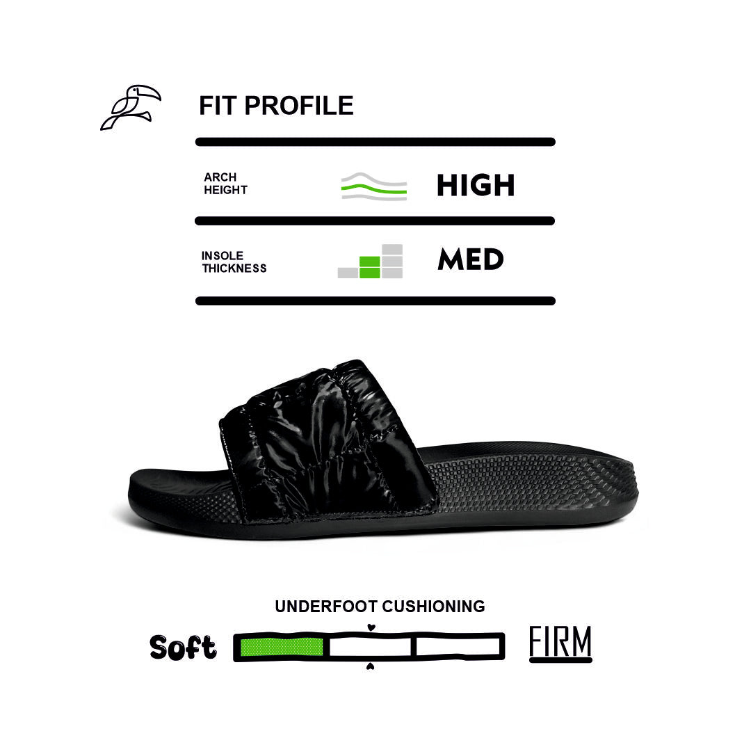 Black slide sandal with high arch and medium insole thickness, soft underfoot cushioning