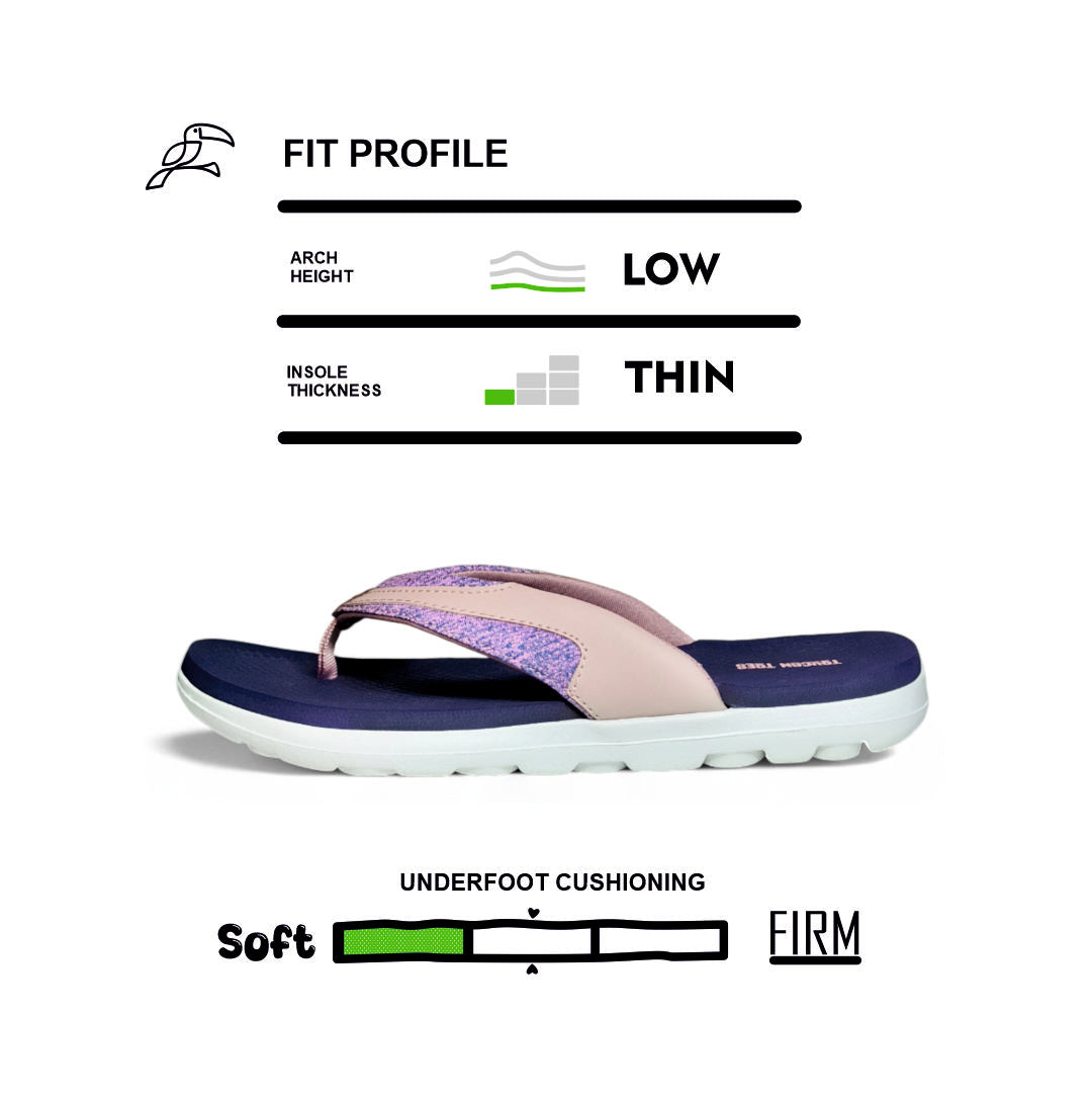 Side view of pink and purple sandal with navy sole, highlighting low arch height, thin insole, and soft cushioning