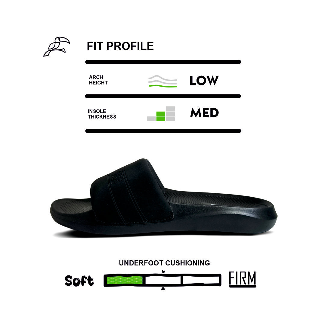 Black slide sandal with low arch height, medium insole thickness, and soft underfoot cushioning