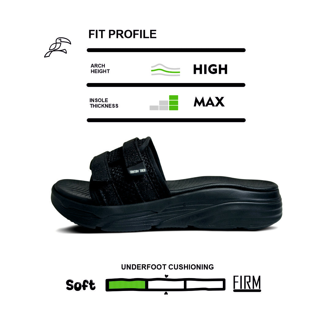 Black slide sandal with high arch, maximum insole thickness, and soft underfoot cushioning profile