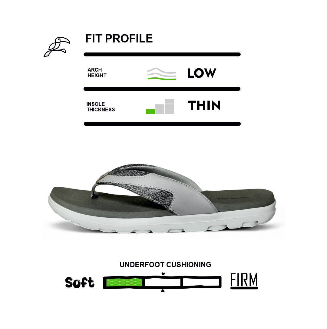 Gray and white flip flop sandal with low arch, thin insole, and soft underfoot cushioning