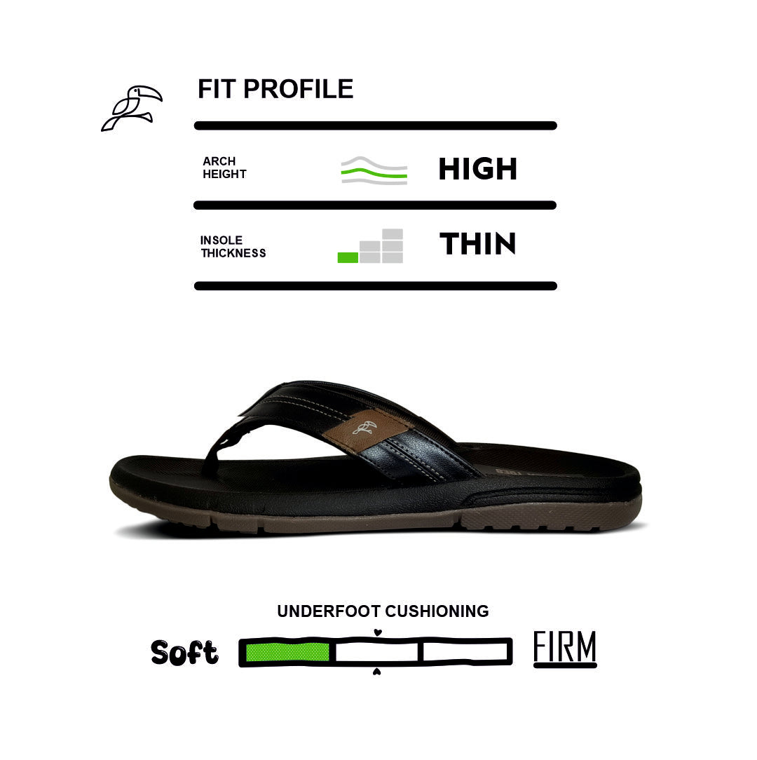 black and brown flip flop sandal with high arch support, thin insole, and soft underfoot cushioning