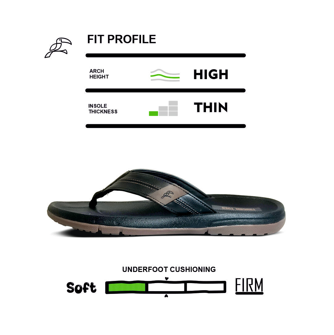 Black flip-flop sandal highlighting fit profile with high arch, thin insole, and soft underfoot cushioning