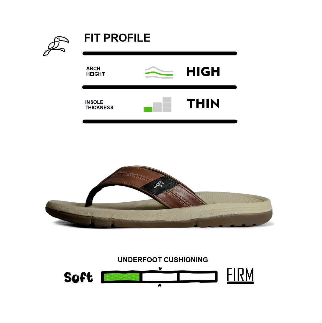 Brown and beige flip flop sandal with high arch, thin insole, and soft underfoot cushioning fit profile