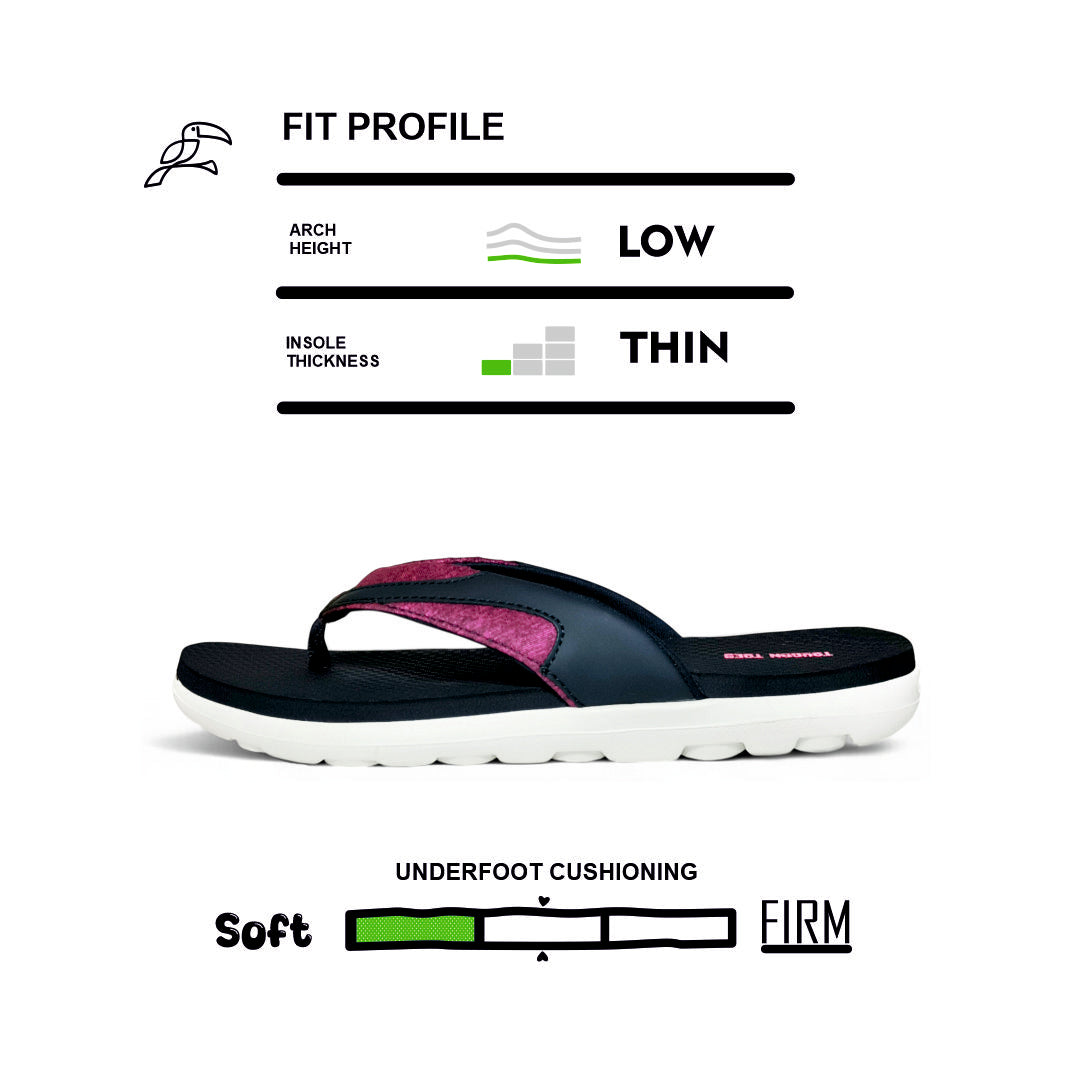 Black and burgundy flip flop sandal with low arch height, thin insole, and soft underfoot cushioning
