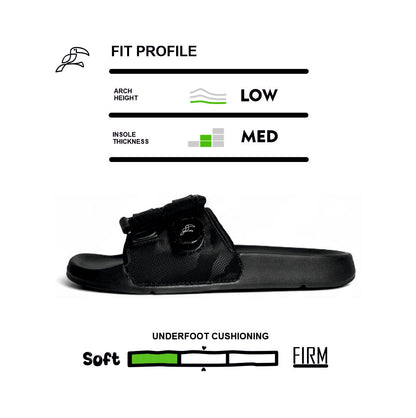 Black Toucan Toes slide sandal with adjustable strap, low arch, medium insole, soft cushioning.