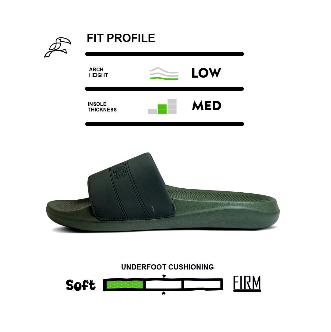 Side view of green cushioned slide sandal with low arch height and medium insole thickness fit profile