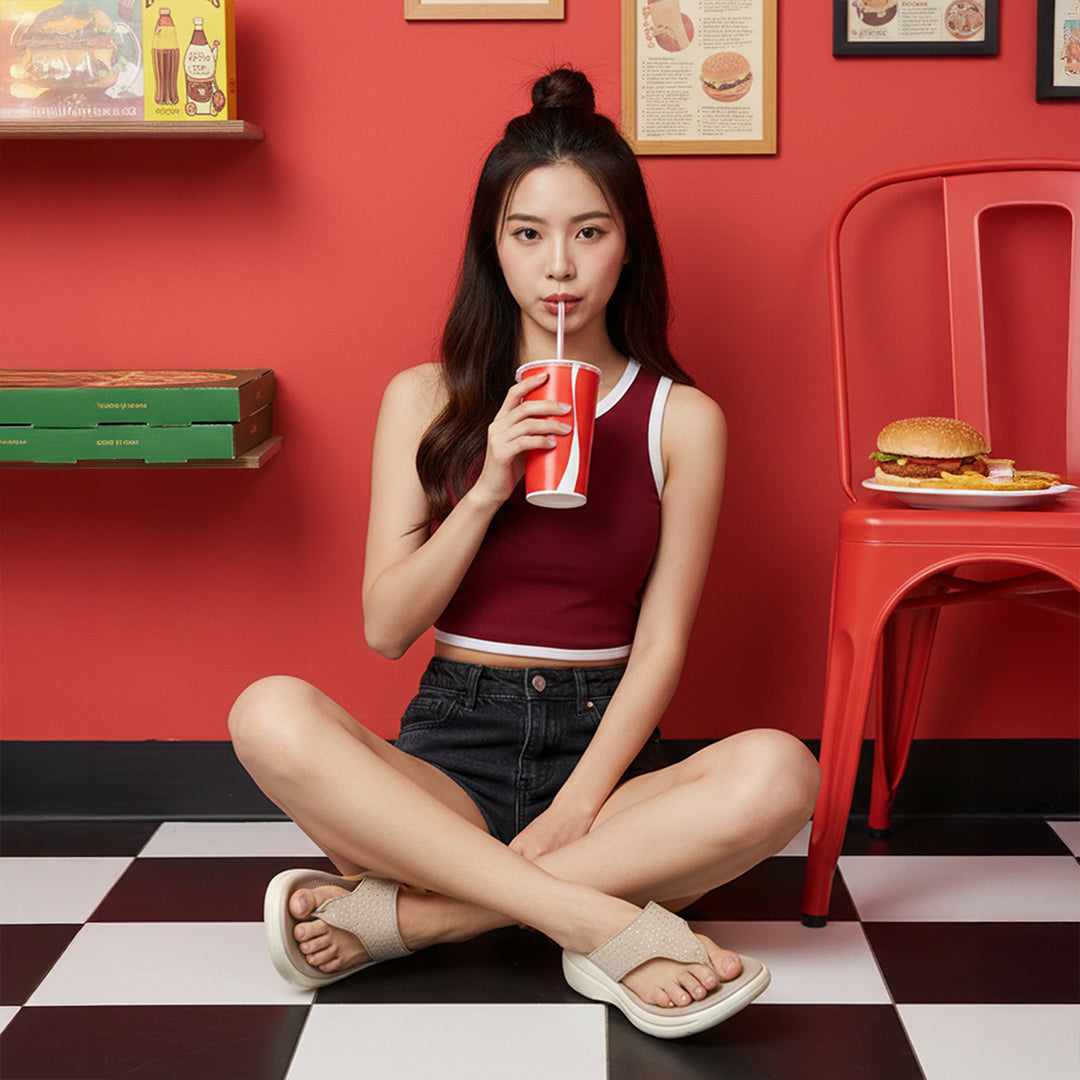 Woman in beige chunky T-strap sandals by Toucantoes, seated on checkered floor with drink
