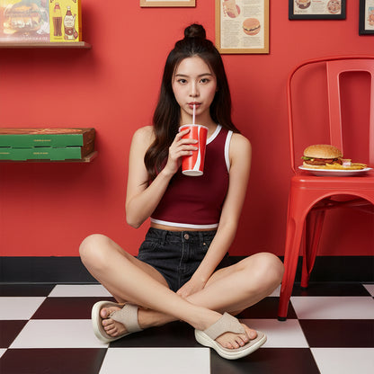 Woman in beige chunky T-strap sandals by Toucantoes, seated on checkered floor with drink