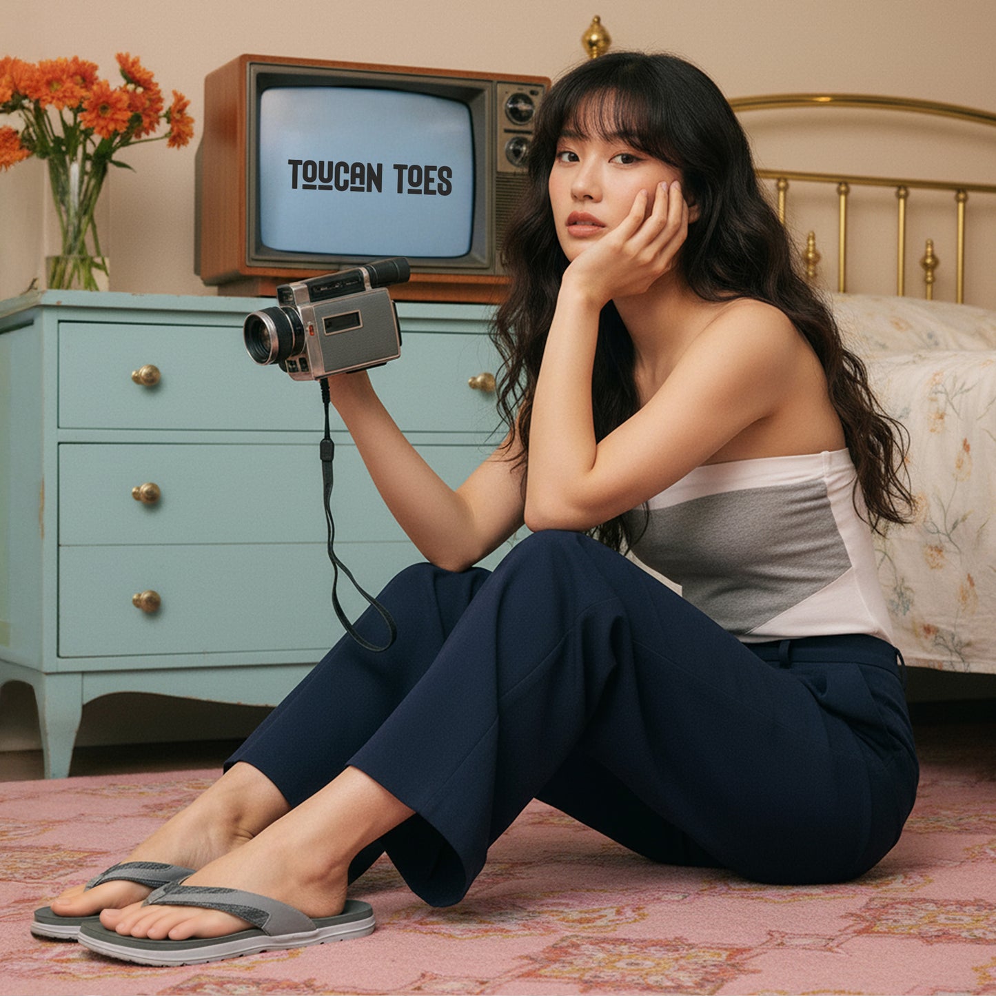 Woman sitting on pink rug in blue pants and gray flip-flops holding vintage camera near blue dresser and retro TV