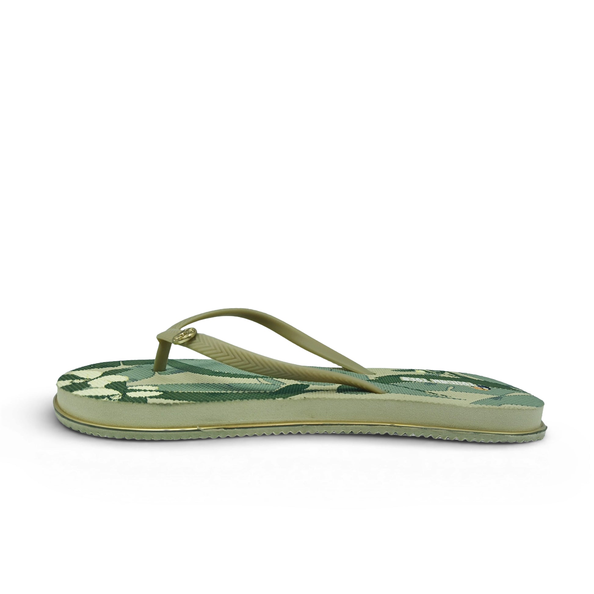 Toucan Toes green flip-flop with tropical leaf print, comfortable and durable footwear