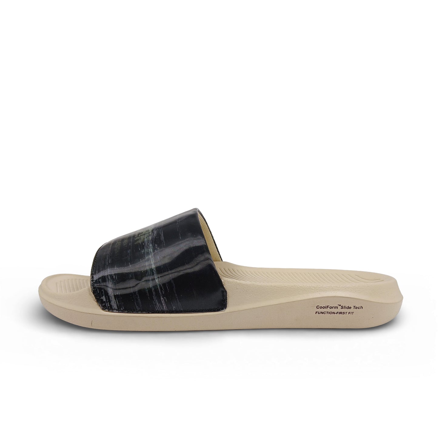 Toucantoes black and beige slide sandal with CoolForm Slide Tech, comfortable daily-wear footwear