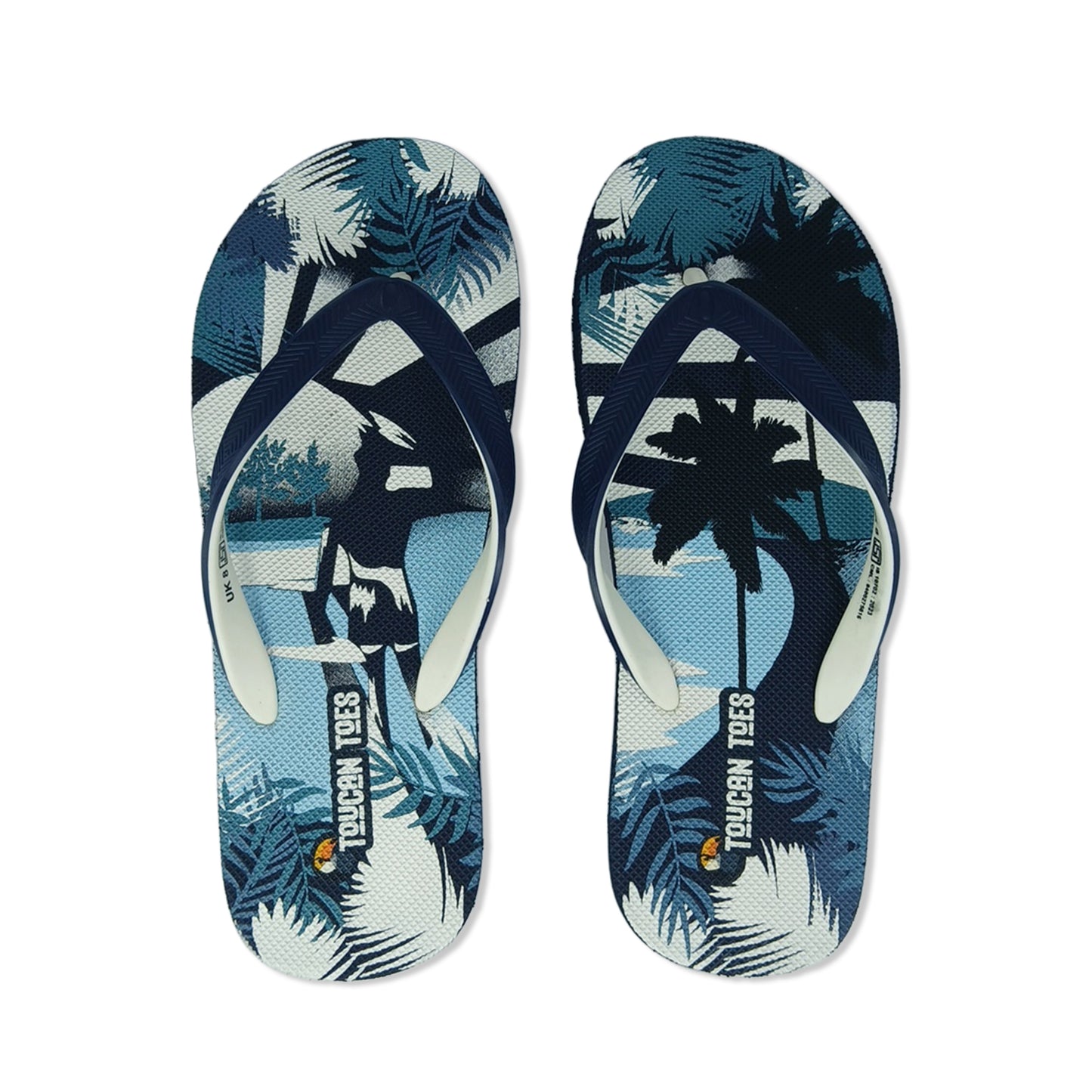 Toucan Toes blue palm tree print flip-flops for men, durable and stylish summer footwear