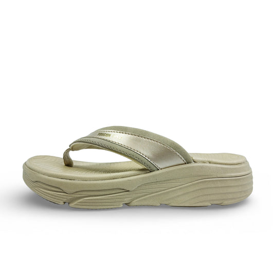 Toucantoes beige platform flip-flop sandal with cushioned sole and metallic strap, side view
