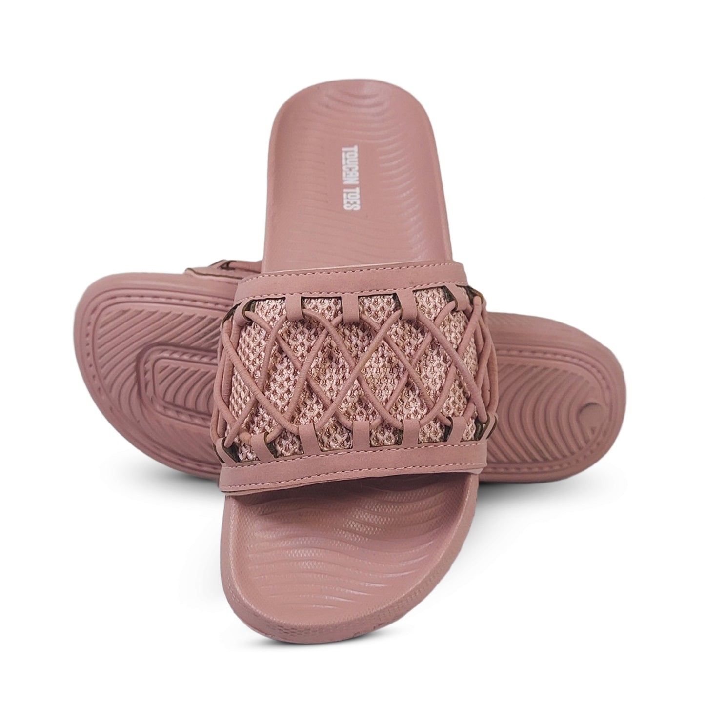 Toucantoes stylish pink slide sandals with woven strap, comfortable textured sole
