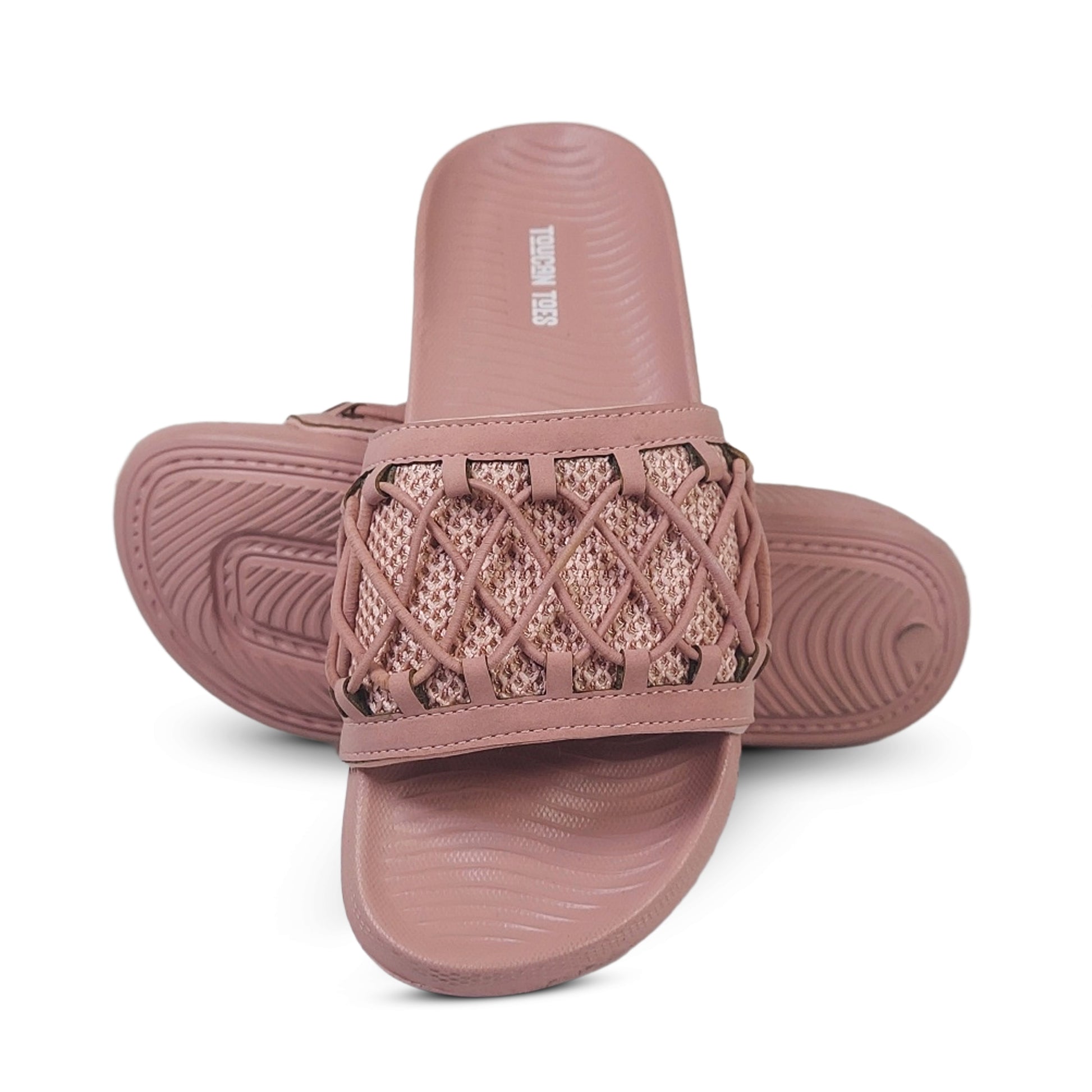 Toucantoes stylish pink slide sandals with woven strap, comfortable textured sole
