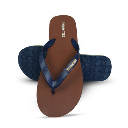 Toucan Toes brown flip-flops with blue straps and textured sole, stylish durable footwear