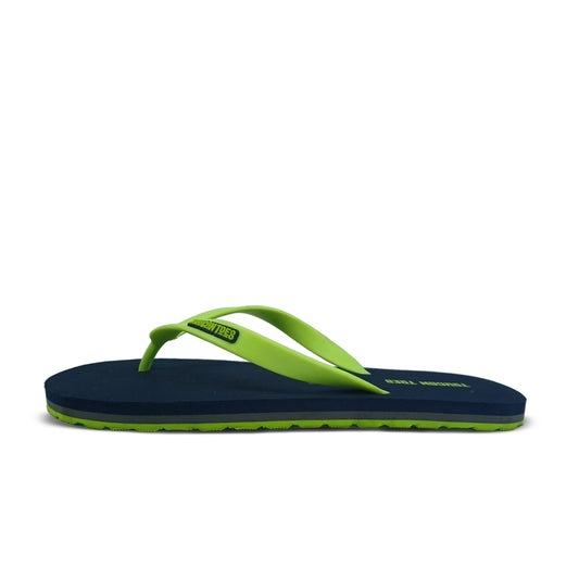 Toucantoes navy blue and lime green flip-flop with branded strap on white background