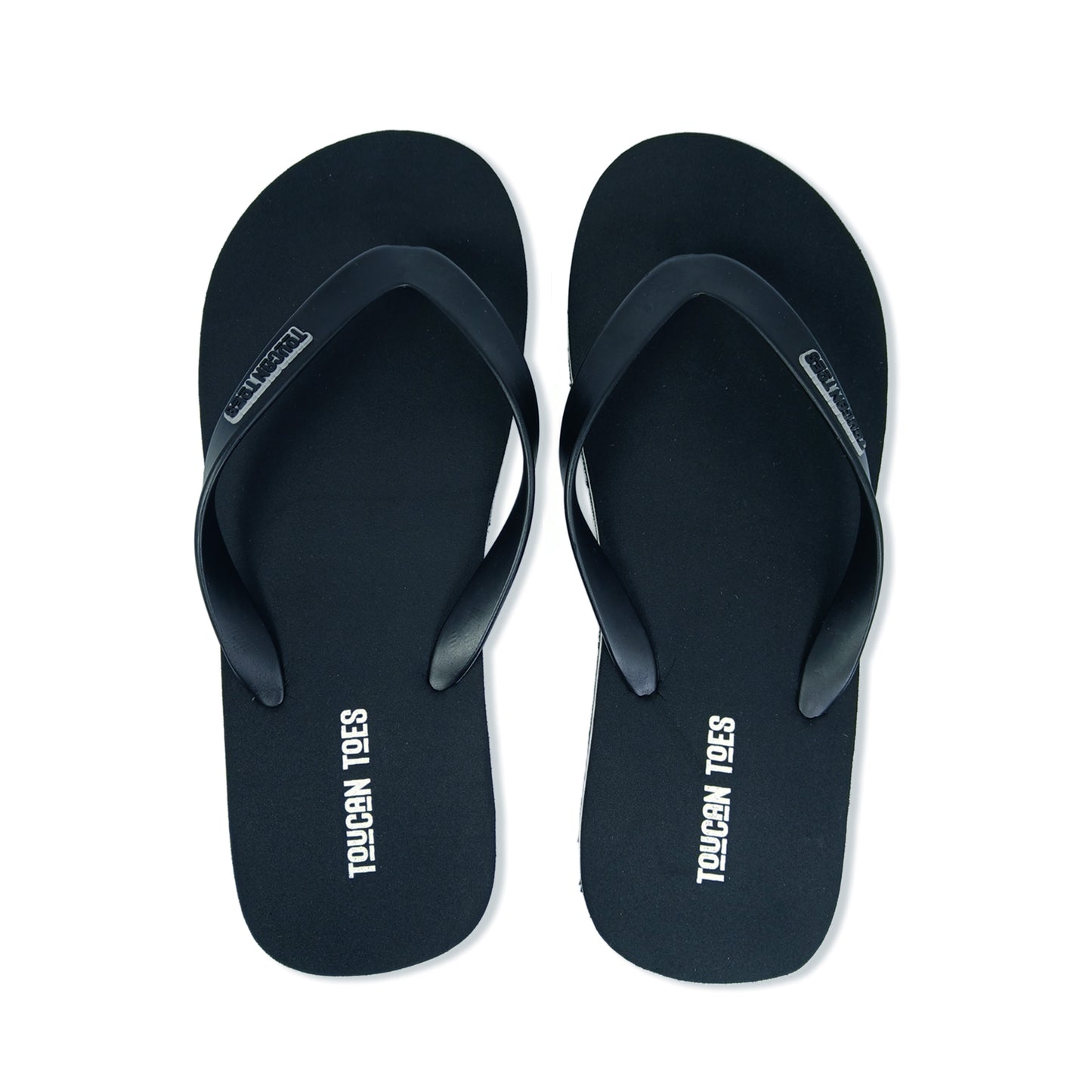Toucan Toes black flip-flops with logo, durable and stylish footwear on white background