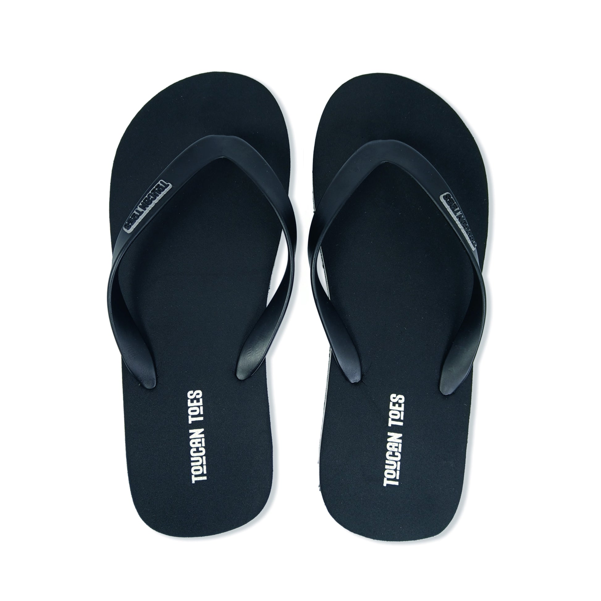 Toucan Toes black flip-flops with logo, durable and stylish footwear on white background