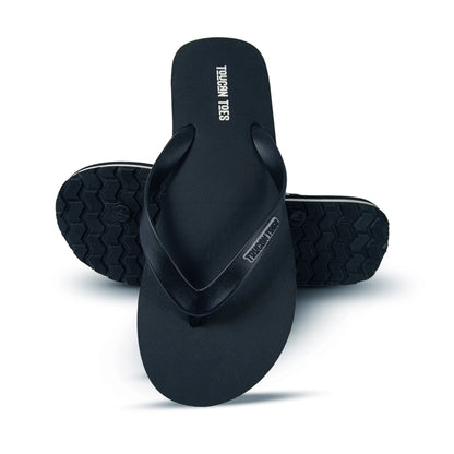 Toucantoes black flip-flops with durable sole and logo, stylish men's footwear on white background