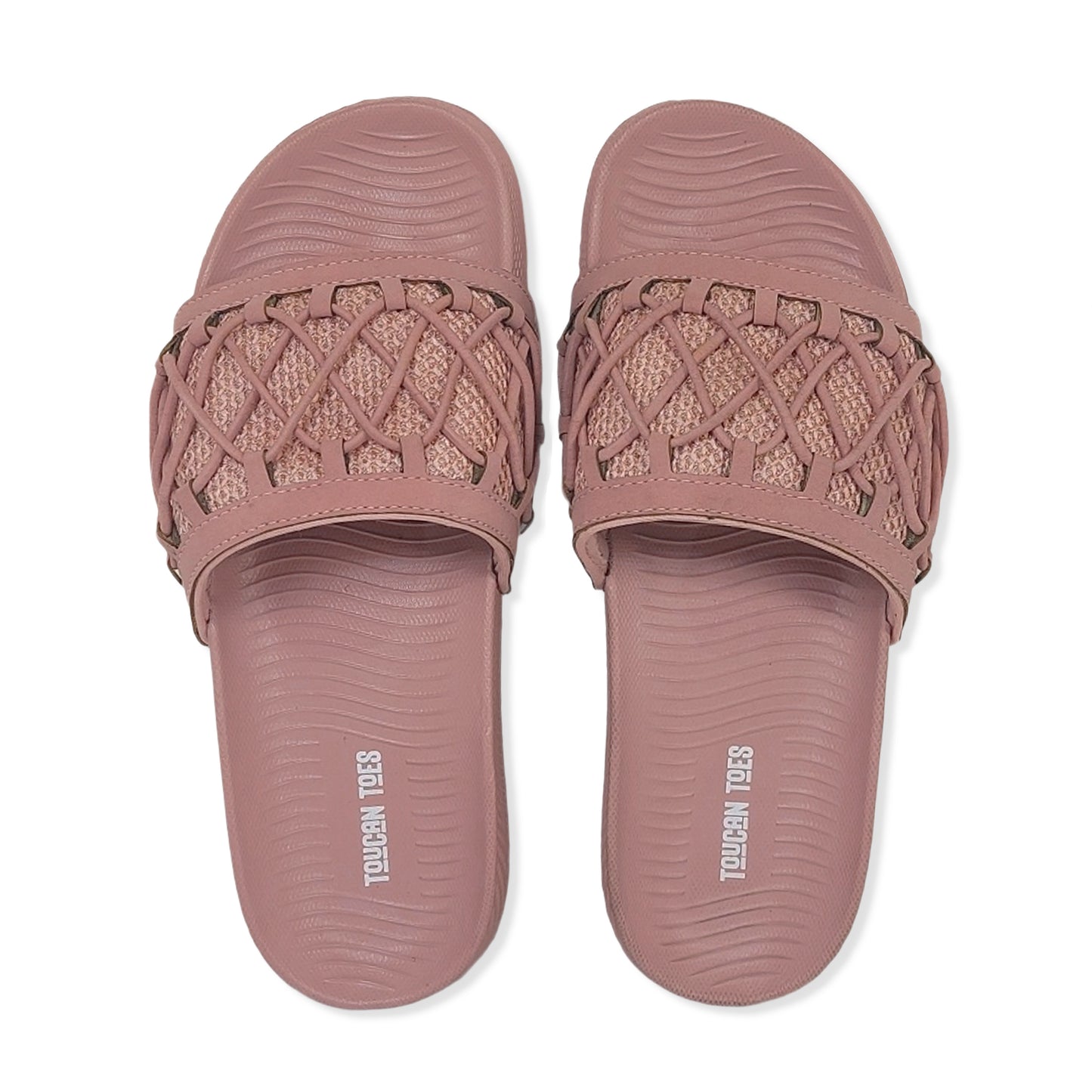 Toucan Toes pink woven slides for women, comfortable slip-on sandals with textured sole