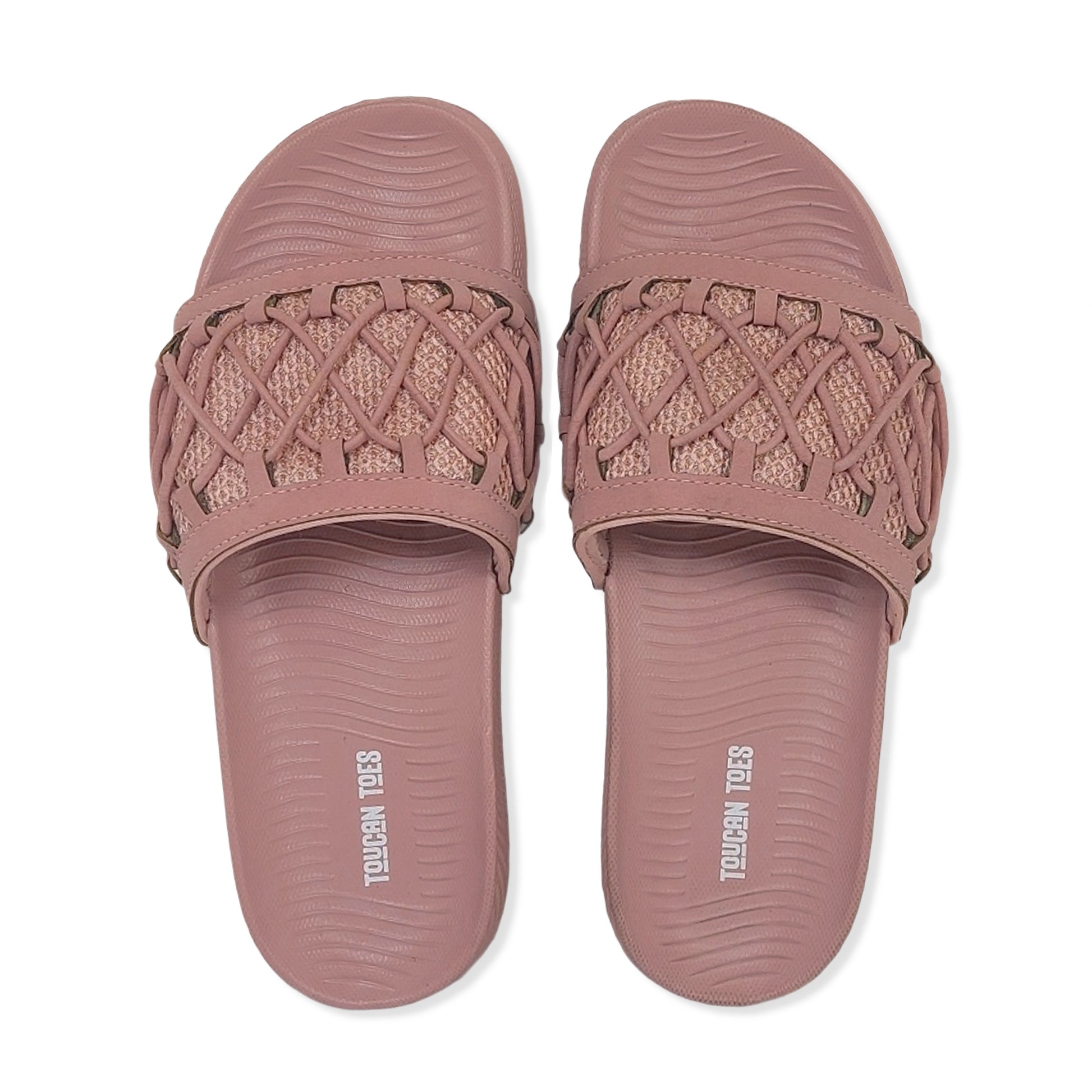Toucan Toes pink woven slides for women, comfortable slip-on sandals with textured sole