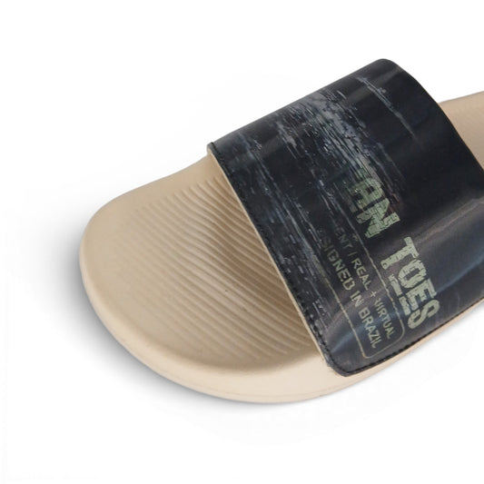 Toucantoes beige slide sandal with black strap, stylish and comfortable footwear for daily wear