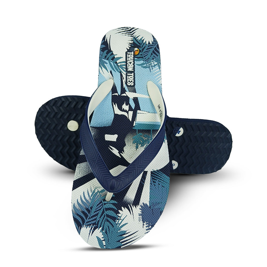 Toucan Toes blue tropical print flip-flops with durable sole for men and women