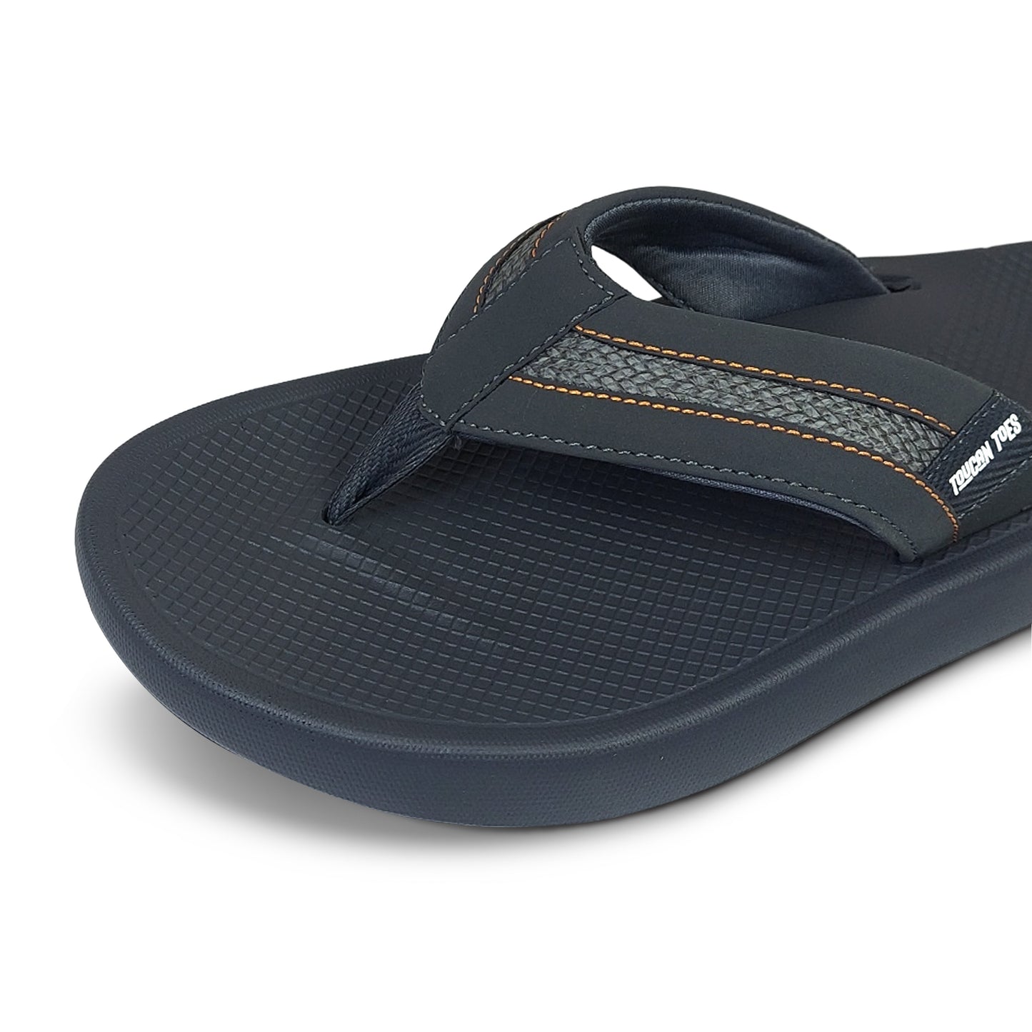 Toucantoes men's black flip-flop with textured sole and orange stitching, premium footwear