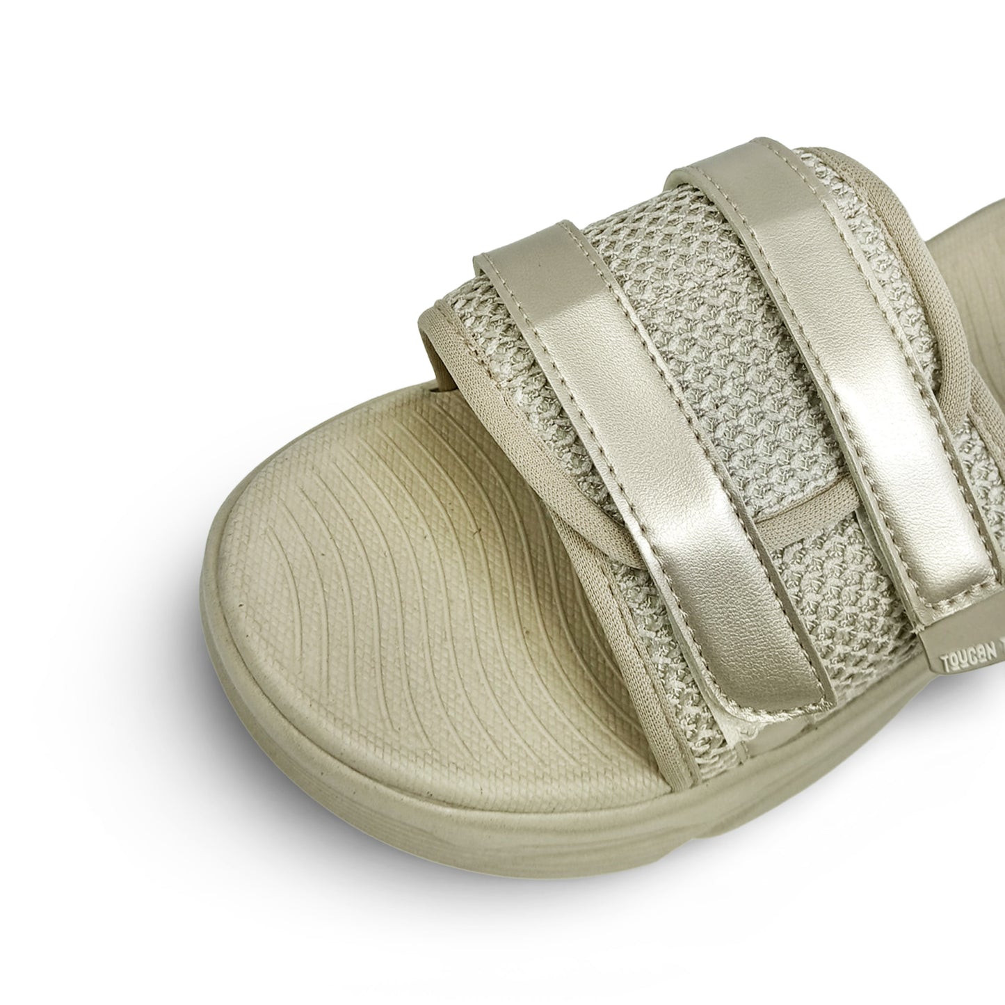 Toucantoes beige slide sandal with textured knit straps and cushioned sole for comfort