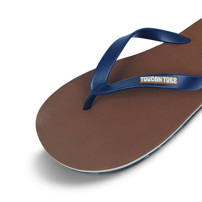 Toucantoes brown flip-flop with blue straps and brand logo, stylish comfortable footwear