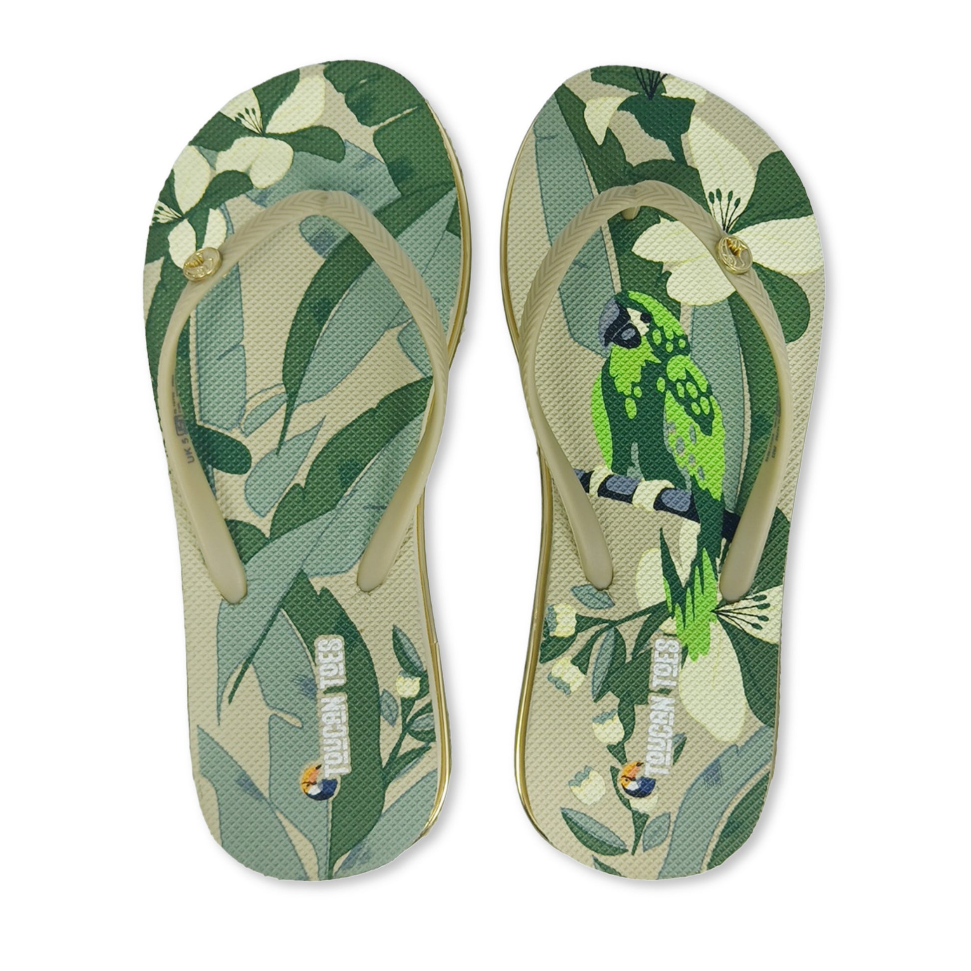 Toucantoes flip-flops with tropical leaves and green parrot print, stylish durable footwear