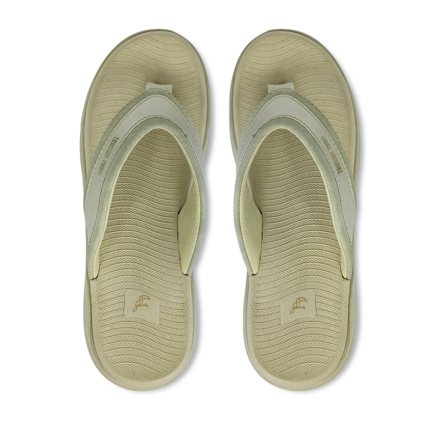 Toucantoes beige flip-flops with textured sole and logo, stylish comfortable footwear
